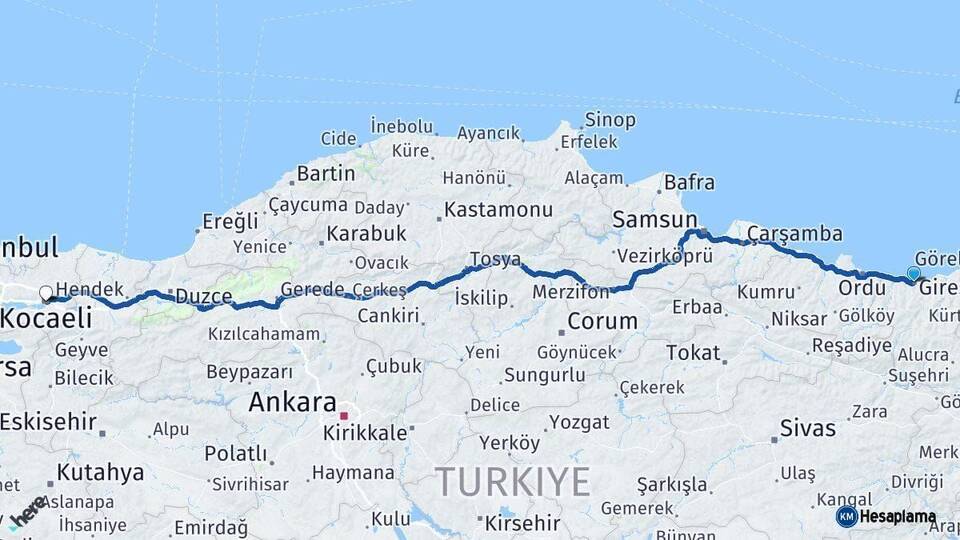 Giresun Kocaeli Arası Kaç Km - Yol Haritası