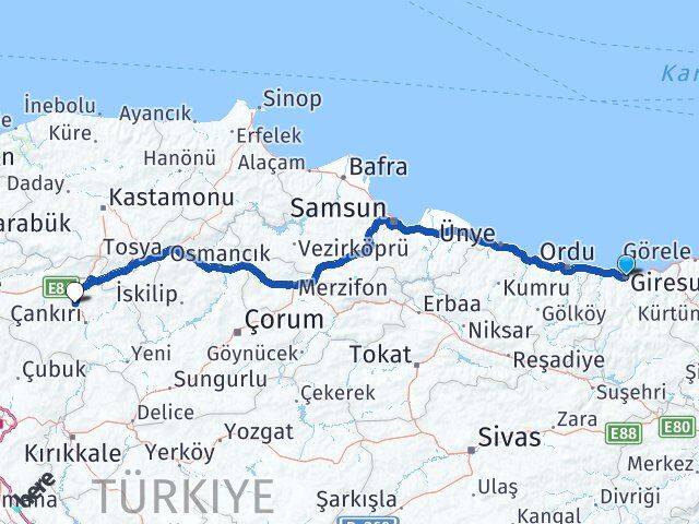 Giresun Korgun Çankırı Arası Kaç Km - Yol Haritası