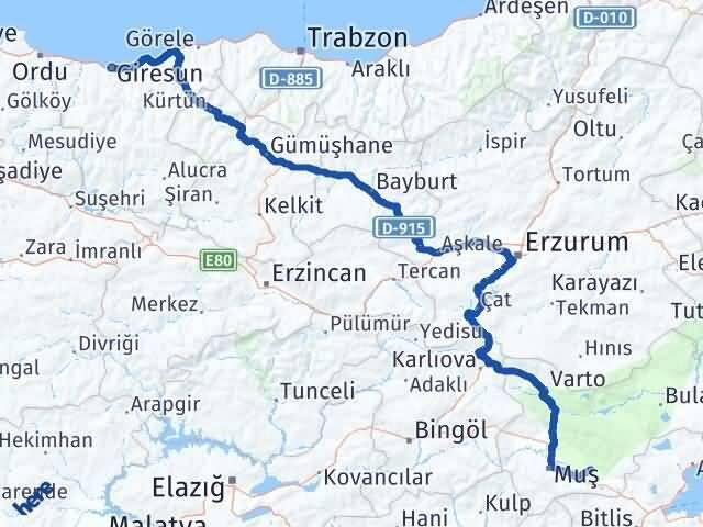 Giresun Korkut Muş Arası Kaç Km - Yol Haritası
