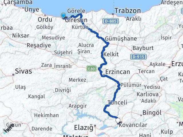 Giresun Kovancılar Elazığ Arası Kaç Km - Yol Haritası