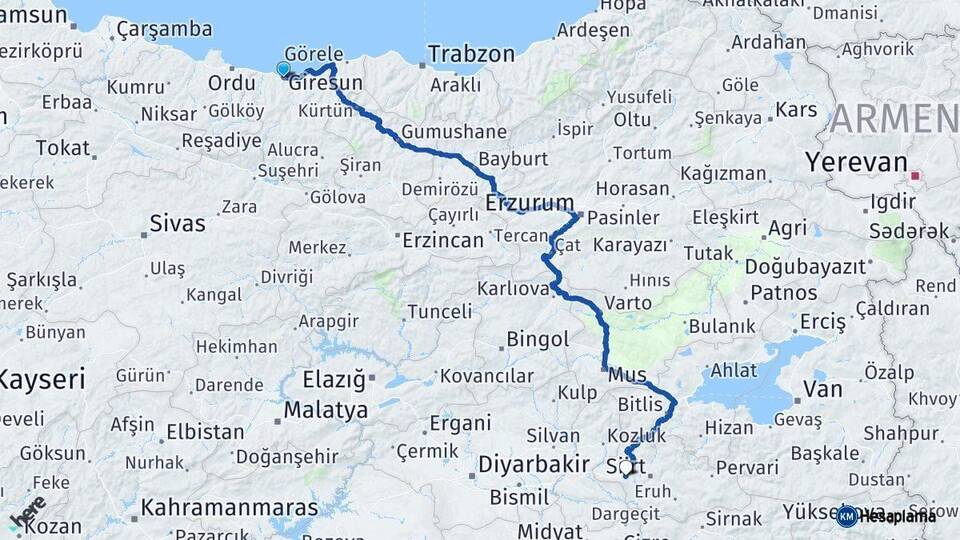 Giresun Kurtalan Siirt Arası Kaç Km - Yol Haritası