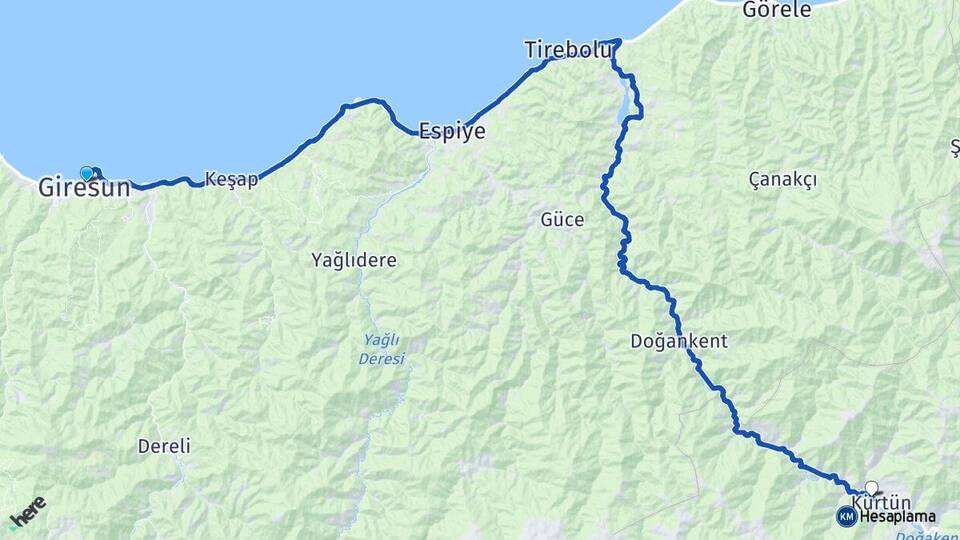 Giresun Kürtün Gümüşhane Arası Kaç Km - Yol Haritası