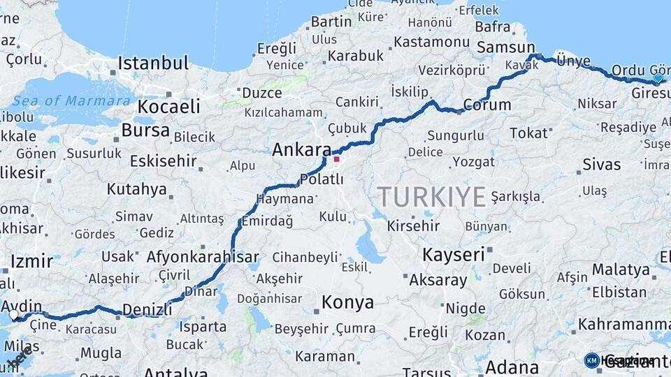 Giresun Kuşadası Aydın Arası Kaç Km - Yol Haritası