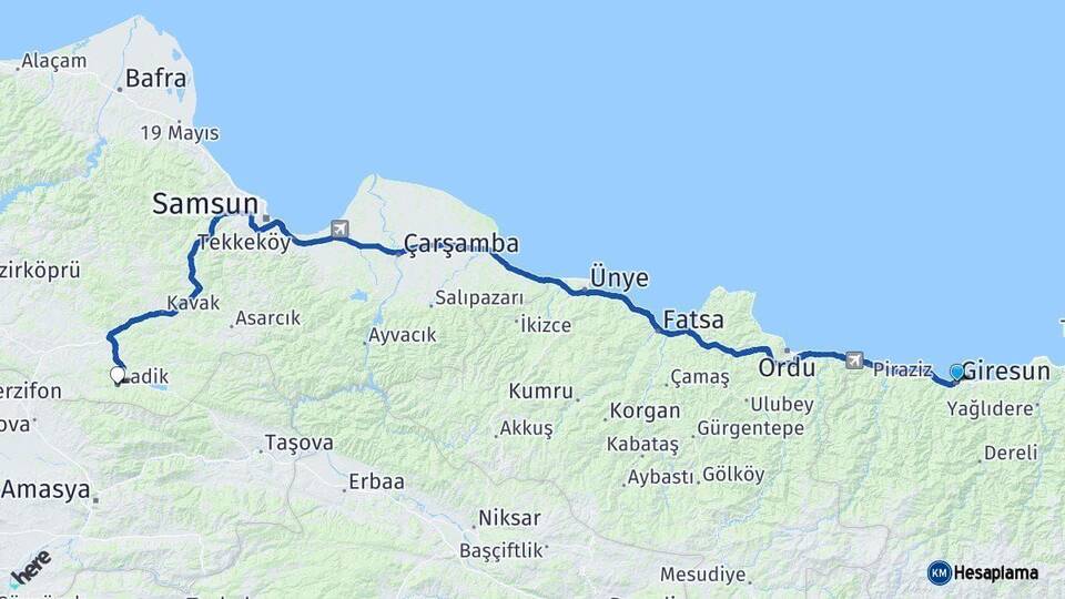 Giresun Ladik Samsun Arası Kaç Km - Yol Haritası