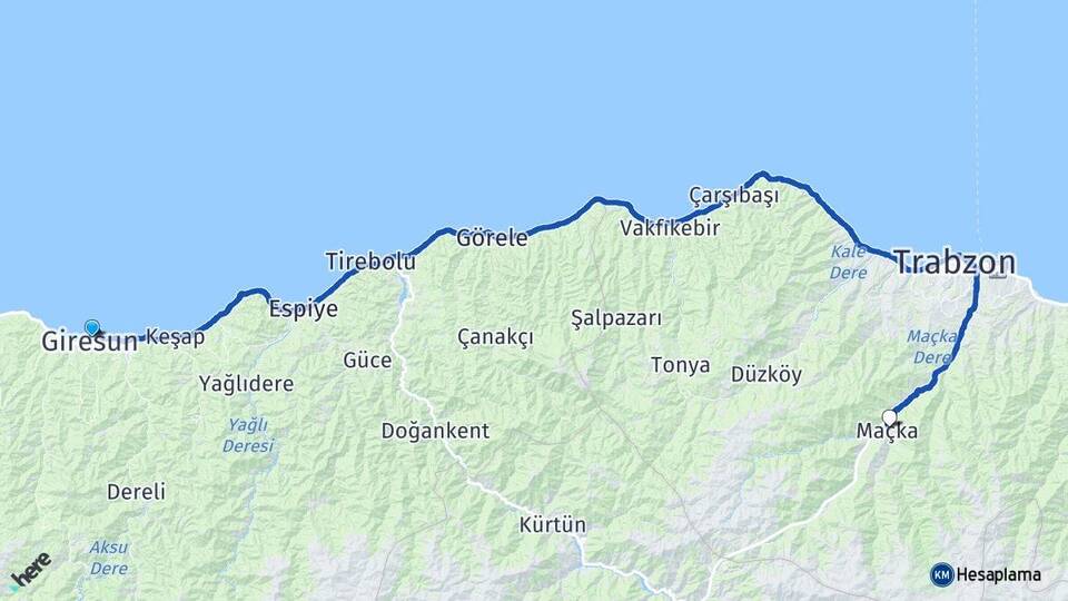 Giresun Maçka Trabzon Arası Kaç Km - Yol Haritası