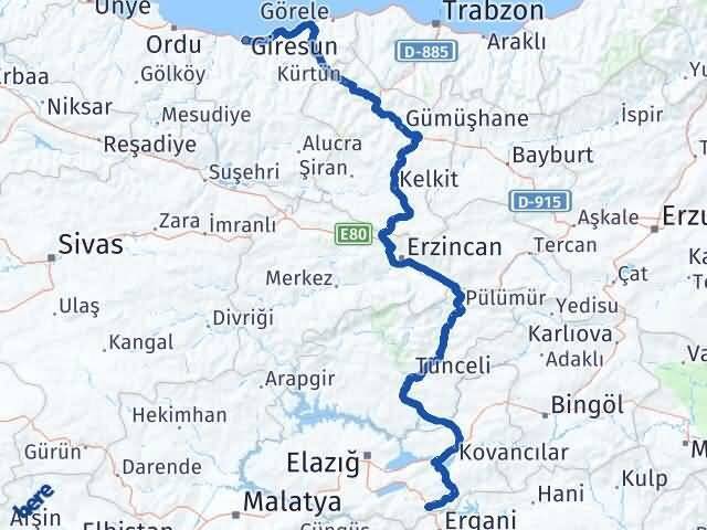 Giresun Maden Elazığ Arası Kaç Km - Yol Haritası