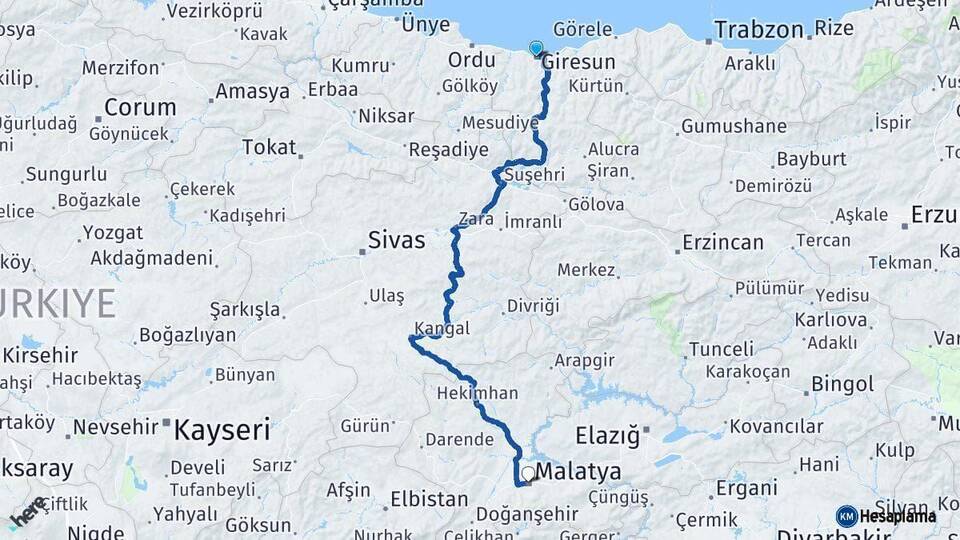 Giresun Malatya Arası Kaç Km - Yol Haritası