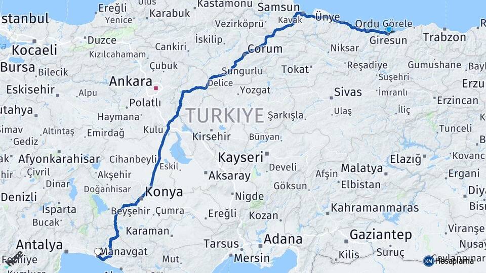 Giresun Manavgat Antalya Arası Kaç Km - Yol Haritası