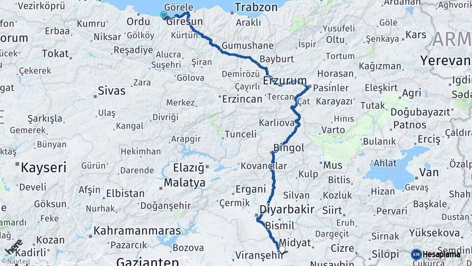 Giresun Mardin Arası Kaç Km - Yol Haritası
