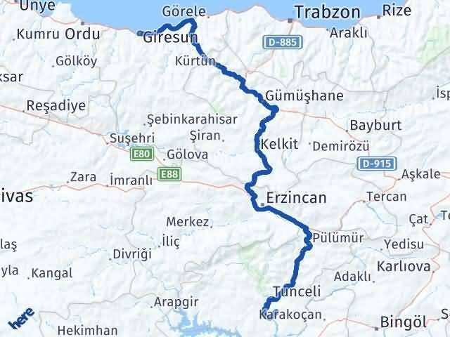 Giresun Mazgirt Tunceli Arası Kaç Km - Yol Haritası