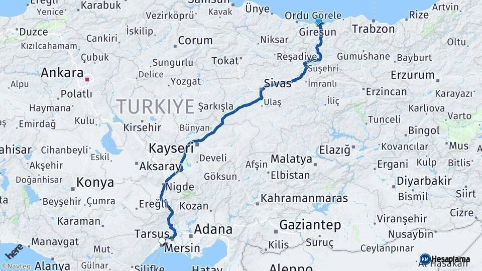 Giresun Mersin Arası Kaç Km - Yol Haritası