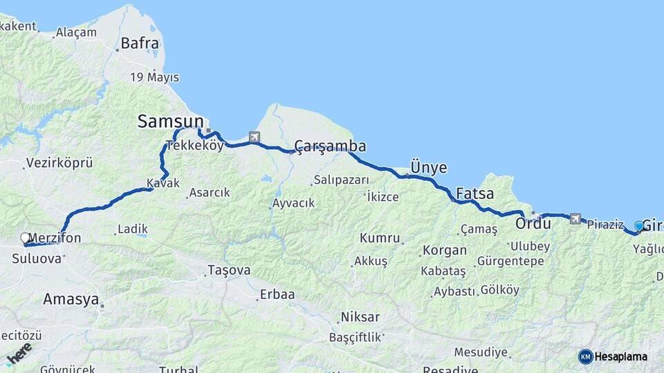 Giresun Merzifon Amasya Arası Kaç Km - Yol Haritası