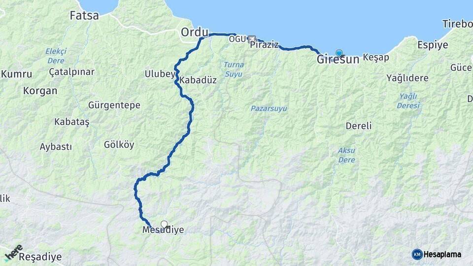 Giresun Mesudiye Ordu Arası Kaç Km - Yol Haritası