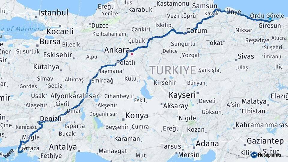 Giresun Muğla Arası Kaç Km - Yol Haritası
