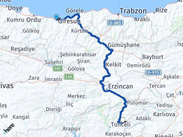 Giresun Nazımiye Tunceli Arası Kaç Km - Yol Haritası
