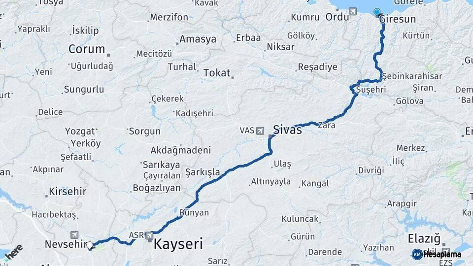 Giresun Nevşehir Arası Kaç Km - Yol Haritası