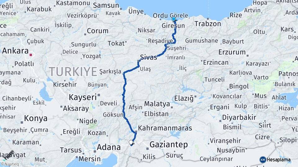 Giresun Nurdağı Gaziantep Arası Kaç Km - Yol Haritası