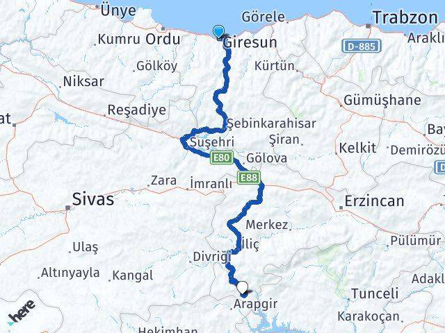 Giresun Ocak Kemaliye Erzincan Arası Kaç Km - Yol Haritası