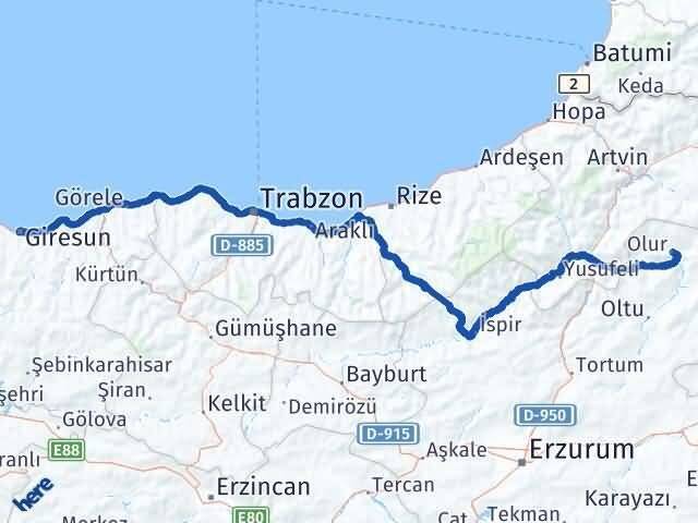 Giresun Olur Erzurum Arası Kaç Km - Yol Haritası