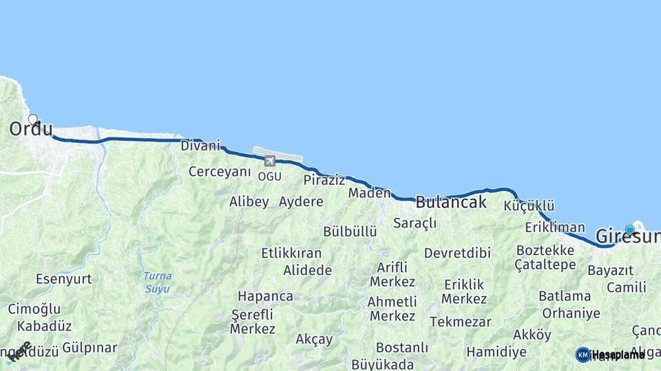 Giresun Ordu Arası Kaç Km - Yol Haritası