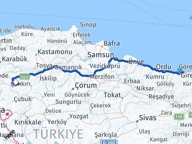 Giresun Orta Çankırı Arası Kaç Km - Yol Haritası