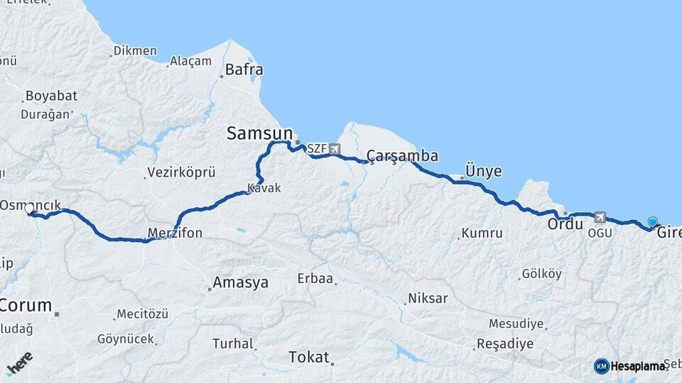 Giresun Osmancık Çorum Arası Kaç Km - Yol Haritası
