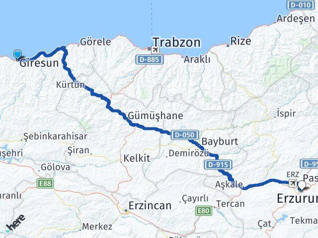 Giresun Palandöken Erzurum Arası Kaç Km - Yol Haritası