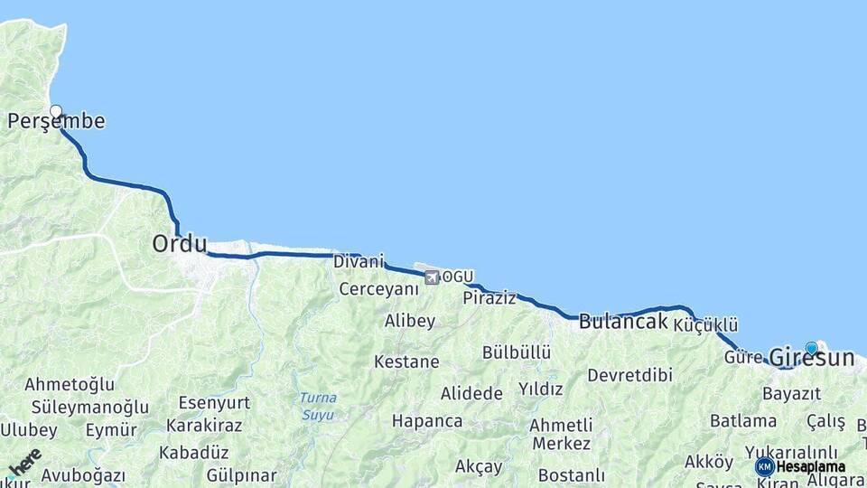 Giresun Perşembe Ordu Arası Kaç Km - Yol Haritası
