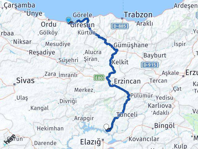 Giresun Pertek Tunceli Arası Kaç Km - Yol Haritası