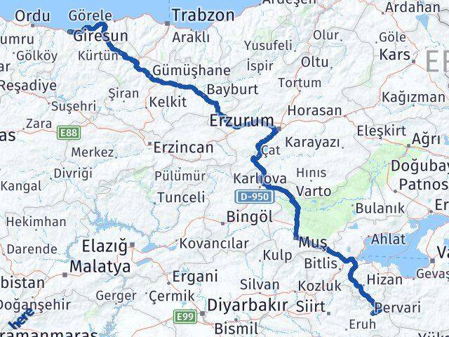 Giresun Pervari Siirt Arası Kaç Km - Yol Haritası