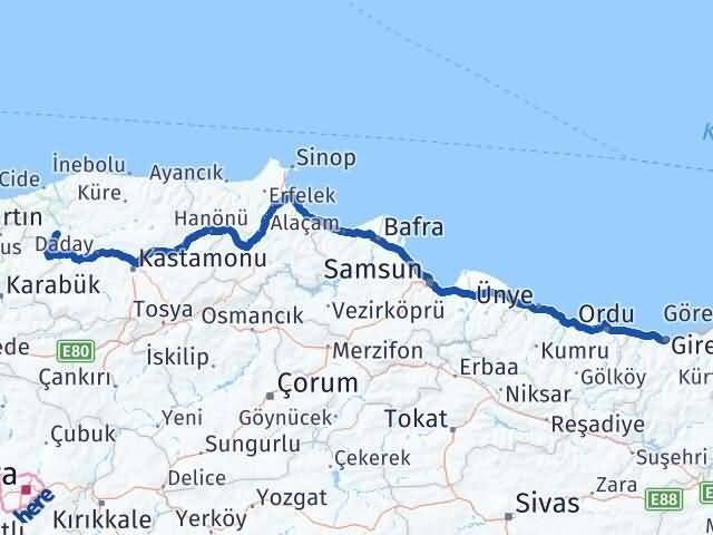 Giresun Pınarbaşı Kastamonu Arası Kaç Km - Yol Haritası