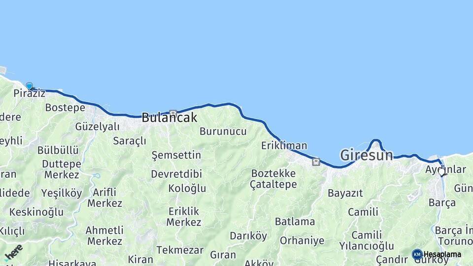Giresun Piraziz Aksu Arası Kaç Km - Yol Haritası