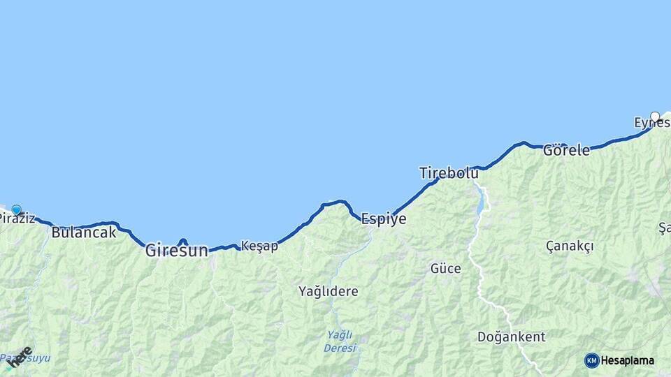Giresun Piraziz Eynesil Arası Kaç Km - Yol Haritası