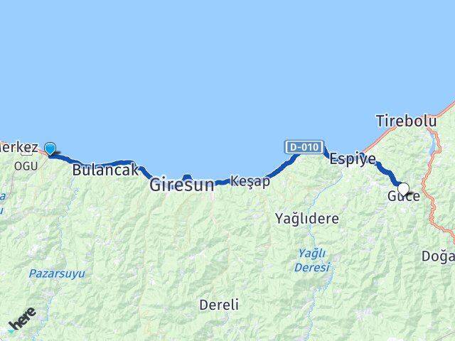 Giresun Piraziz Güce Arası Kaç Km - Yol Haritası