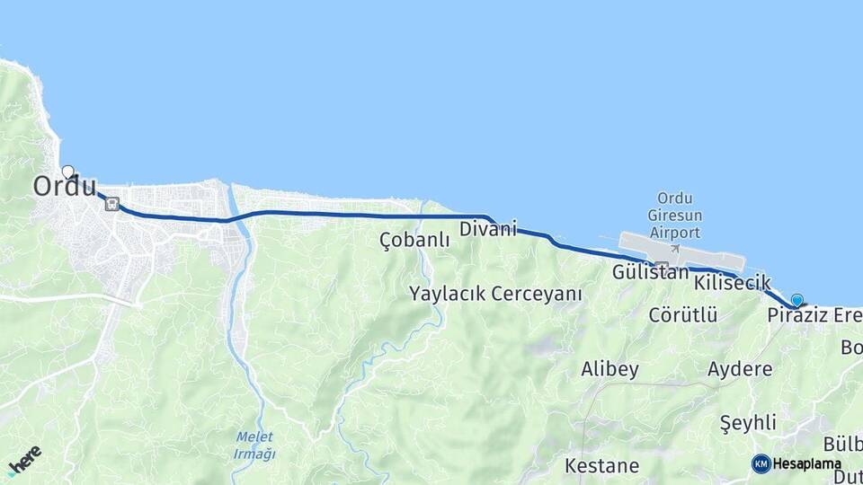 Giresun Piraziz Ordu Arası Kaç Km - Yol Haritası