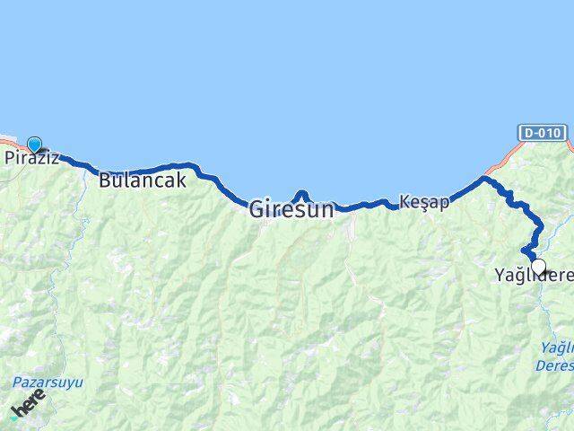 Giresun Piraziz Yağlıdere Arası Kaç Km - Yol Haritası