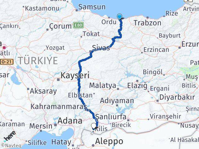 Giresun Polateli Kilis Arası Kaç Km - Yol Haritası