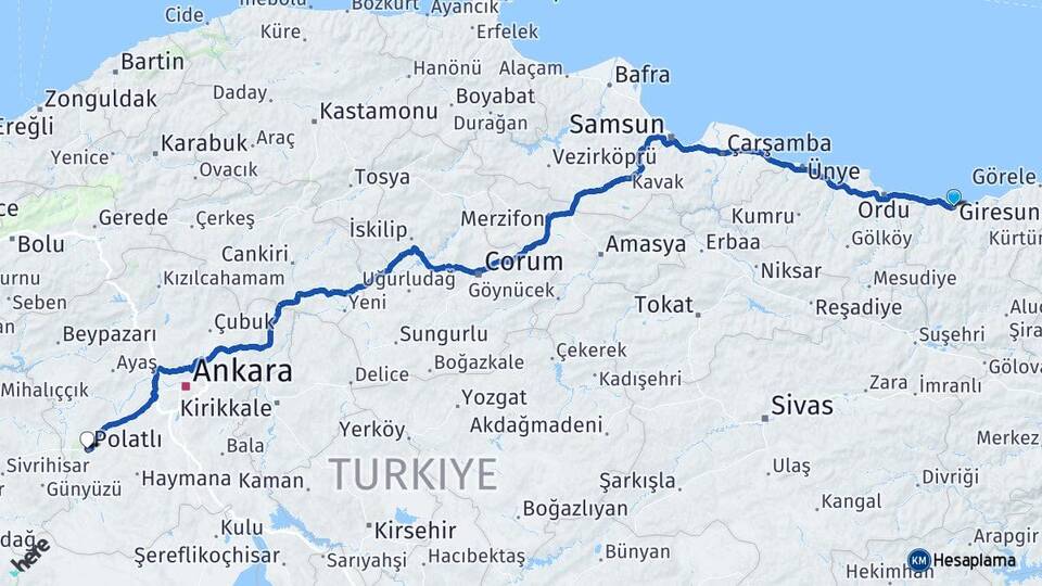 Giresun Polatlı Ankara Arası Kaç Km - Yol Haritası