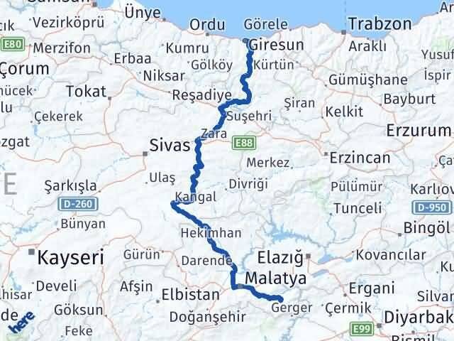 Giresun Pütürge Malatya Arası Kaç Km - Yol Haritası