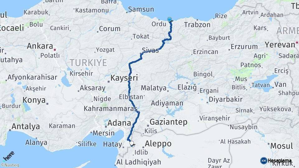 Giresun Reyhanlı Hatay Arası Kaç Km - Yol Haritası