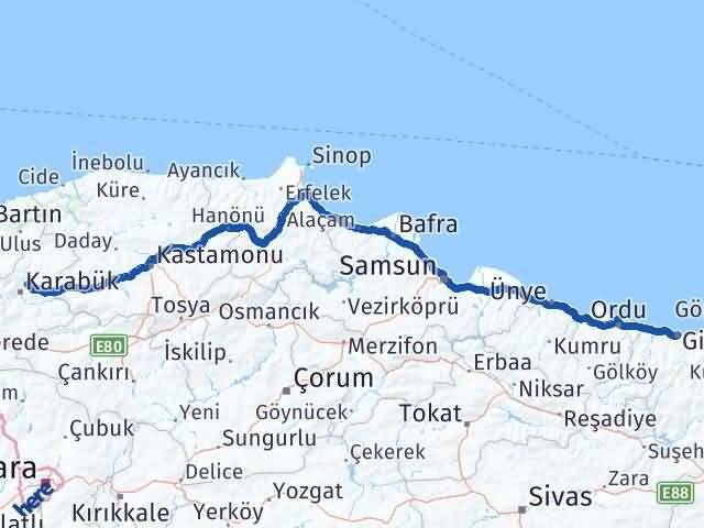 Giresun Safranbolu Karabük Arası Kaç Km - Yol Haritası