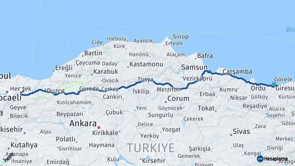 Giresun Sakarya Arası Kaç Km - Yol Haritası