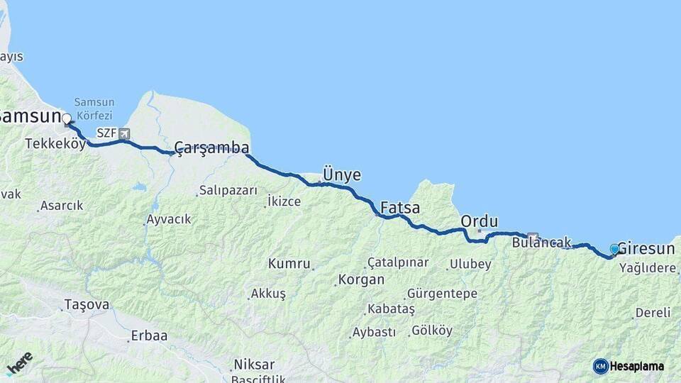 Giresun Samsun Arası Kaç Km - Yol Haritası