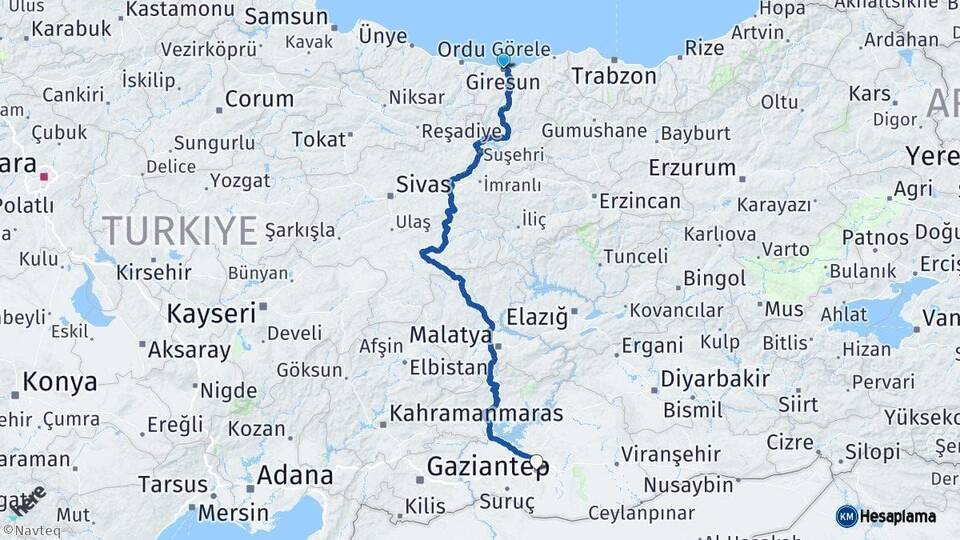 Giresun Şanlıurfa Arası Kaç Km - Yol Haritası
