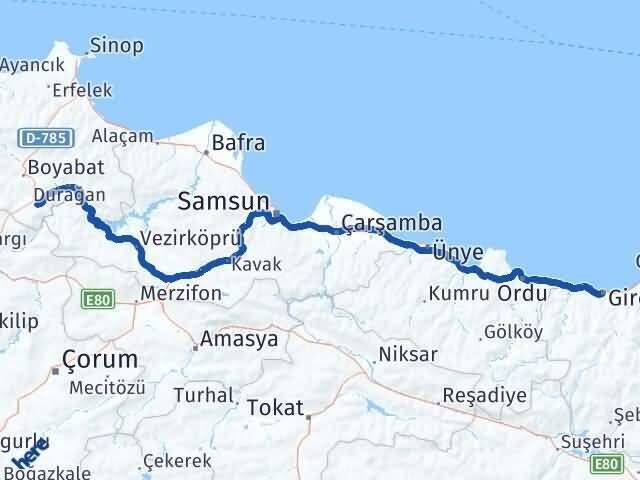 Giresun Saraydüzü Sinop Arası Kaç Km - Yol Haritası