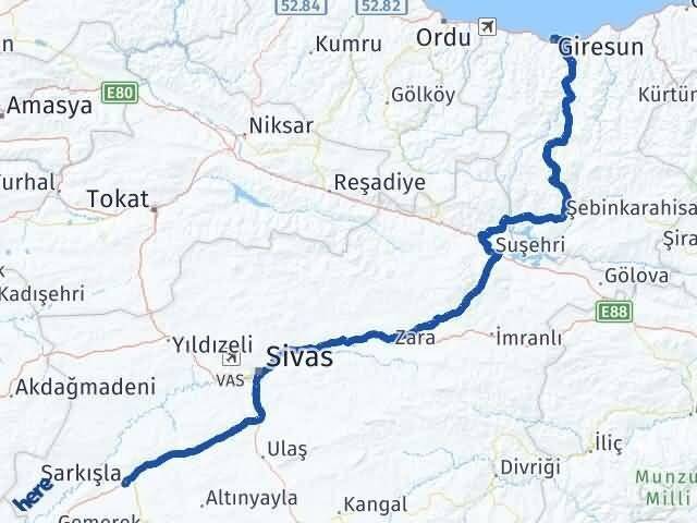 Giresun Şarkışla Sivas Arası Kaç Km - Yol Haritası