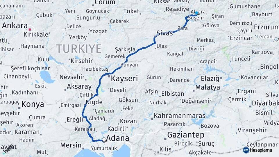 Giresun Şebinkarahisar Adana Arası Kaç Km - Yol Haritası