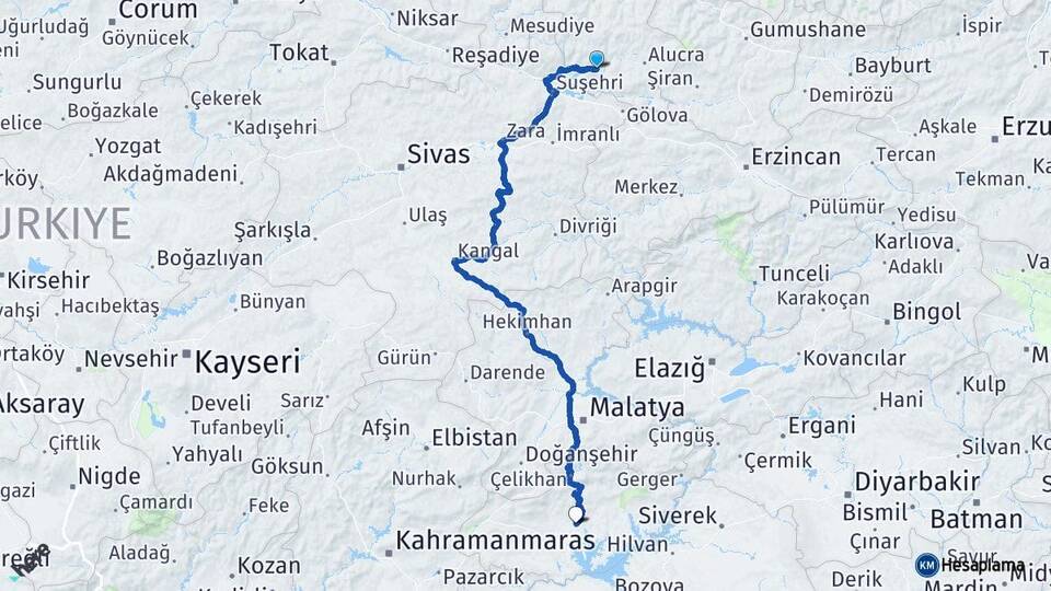 Giresun Şebinkarahisar Adıyaman Arası Kaç Km - Yol Haritası