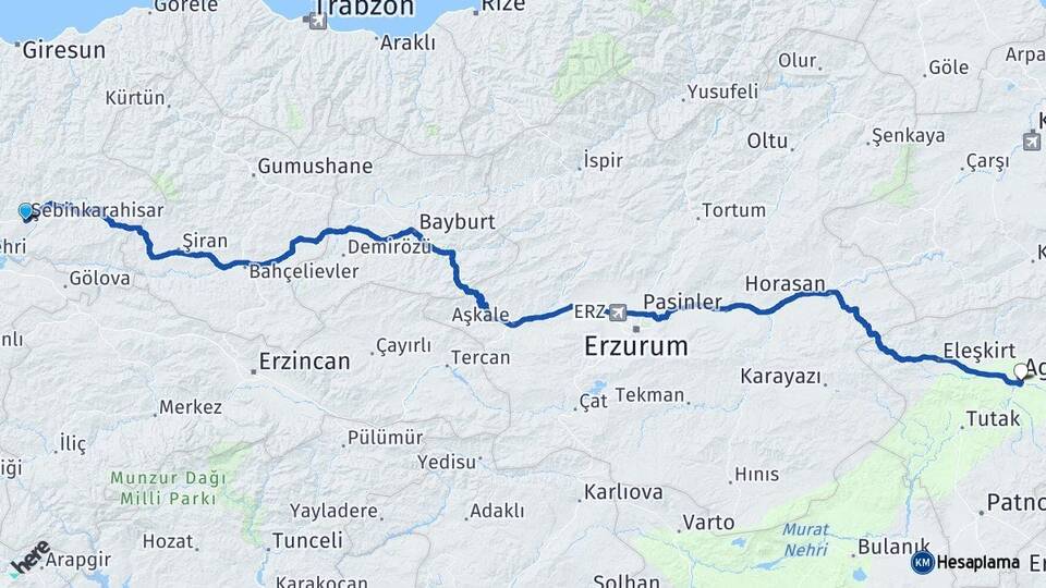 Giresun Şebinkarahisar Ağrı Arası Kaç Km - Yol Haritası