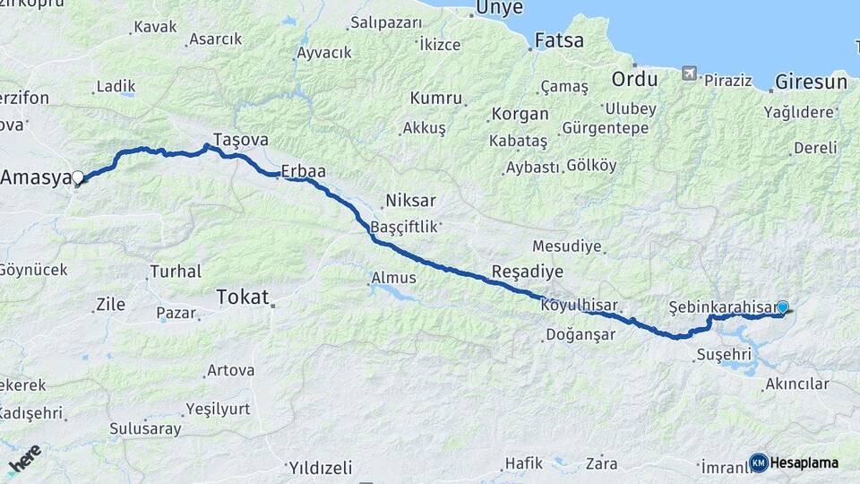 Giresun Şebinkarahisar Amasya Arası Kaç Km - Yol Haritası